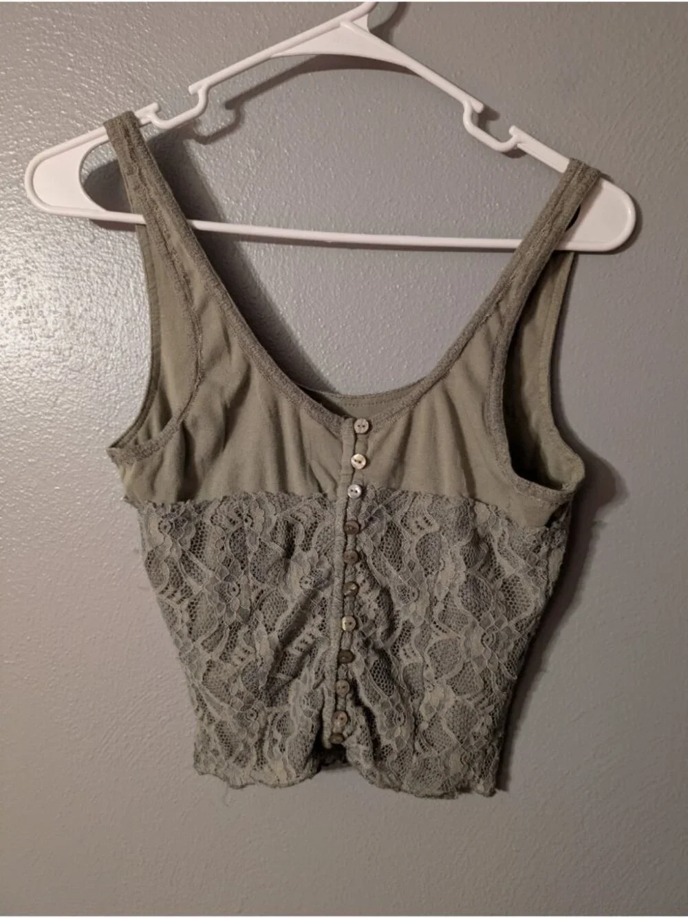 Free People Lace Cropped Tank Top M Green Fairygrunge Button Back Camisole Cami